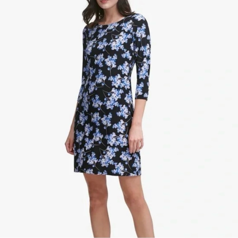 Tommy Hilfiger Blue and Black Floral 3/4 Sleeve Dress